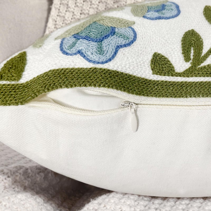Alysheer Floral Embroidered Summer Decorative Throw Pillow Cover 18""x 18""  Farmhouse Cottage Blue Flowers Green Leaves Knit Pattern Cotton Canvas Cushion Case for Sofa Couch Bed Living Room Decor - Image 5